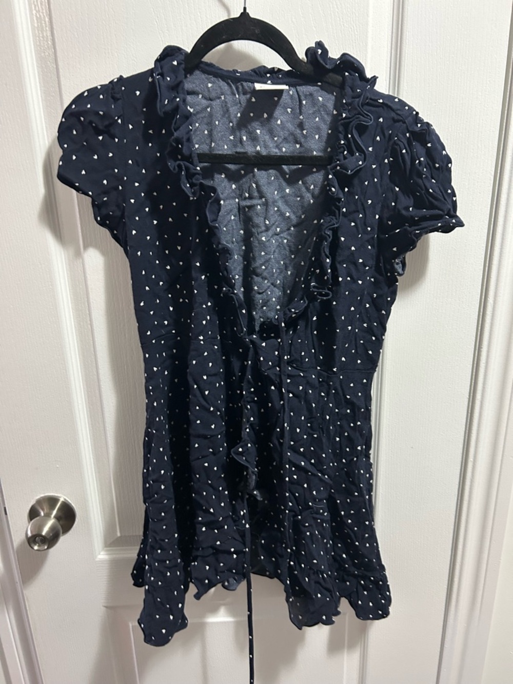 Sunday Best Navy Ruffle V-Neck Top with White Heart Print